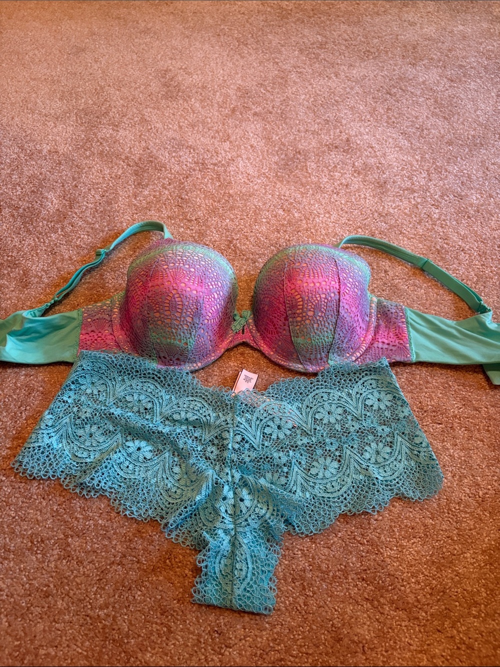 Victoria's Secret Multicolor Pink & Teal Lace Push-Up Bra Set